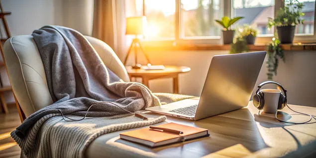 Minimalistički način online učenja s prijenosnim računalom, slušalicama, prijenosnim računalom i udobnom dekom u dobro osvijetljenoj sobi 4K pozadina