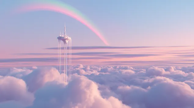 minimalisticki nebeski toranj iznad oblaka s njeznom dugom preuzmi