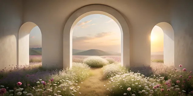 Interior surrealista minimalista com porta em arco e campo de flores silvestres em tons pastel 4K papel de parede
