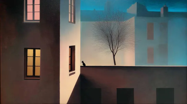 Minimalistična mestna nočna scena z osamljeno mačko in drevesom 2K ozadje