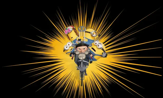 Minions and young Gru riding a bicycle  8K wallpaper