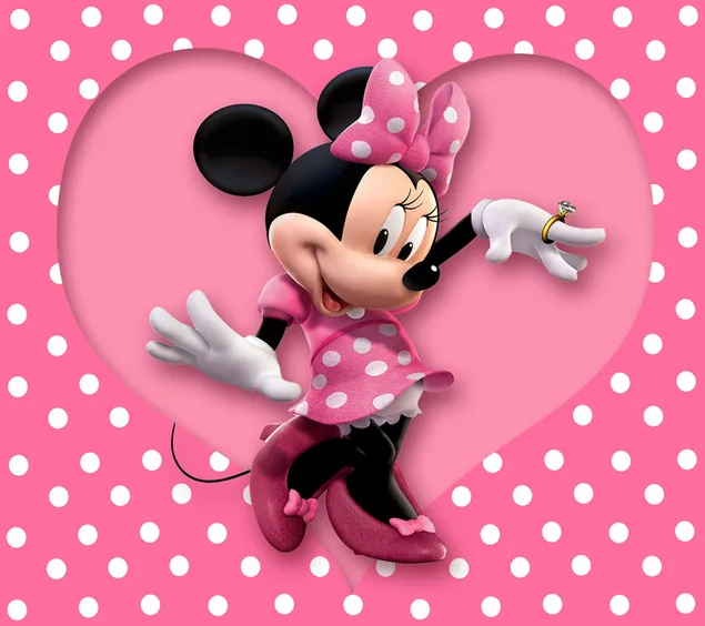 Minnie mouse con zapatos rojos frente a forma de lunares rosas y corazón rosa descargar
