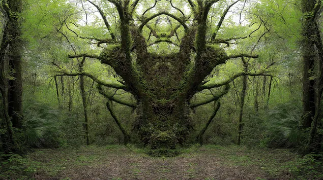 Mirrored Tree Forms in a Verdant Forest Setting 2K wallpaper