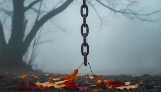misty autumn morning: rusty chain, water drops, fallen leaves download