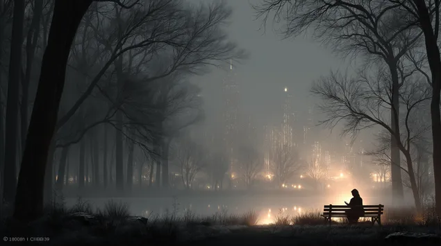 dimmig stadspark: silhuett pa bank vid lugnt vatten ladda ner