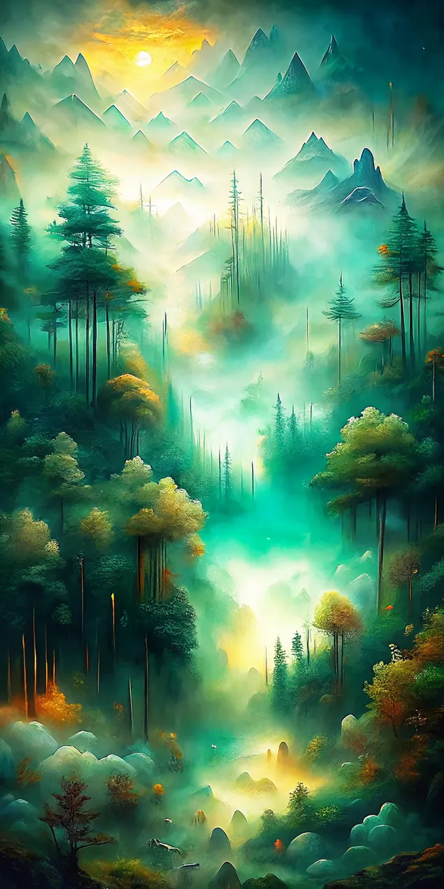 mistig etherisch boslandschap badend in gouden zonlicht download