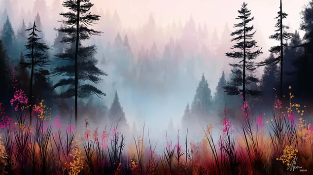 Mistige woud met veldblomme op die voorgrond 2K muurpapier