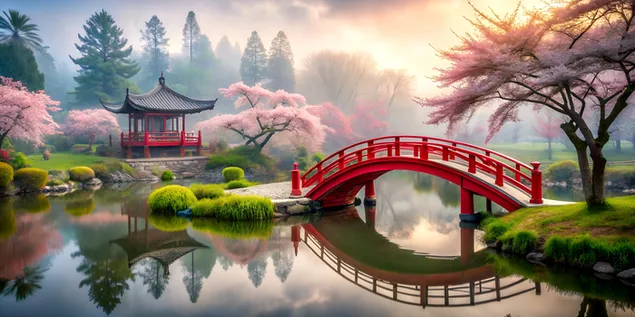 Kopshti japonez i mjegullt, bukuri e qetë mes mjegullës së mëngjesit 4K sfond