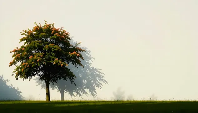 雾蒙蒙的早晨树影：宁静的自然景观 2K 壁纸