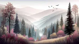 생동감 넘치는 단풍이 있는 안개 낀 산림 풍경 2K 배경화면