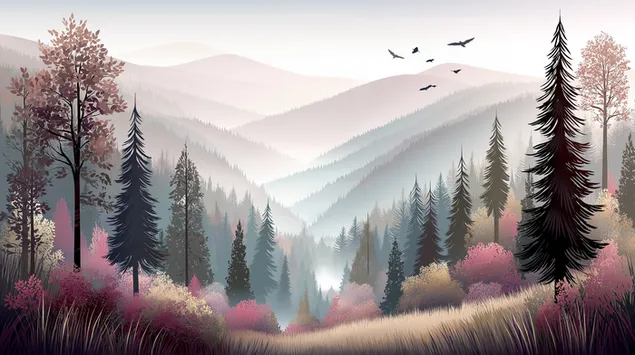 Peizazh i Pyllit të Malit me Mjegull me Gjethe të Gjalla 2K sfond