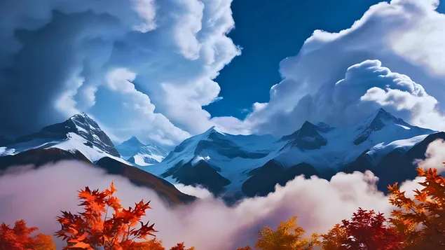 Peizazh malor i mjegullt me ​​gjeth shumëngjyrësh vjeshte në plan të parë 4K sfond