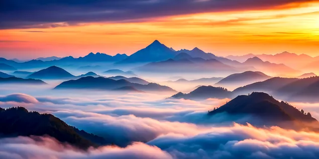 Maja malore të mjegullt me ​​qiellin gradient që kalon nga bluja e thellë në pastel të butë 4K sfond