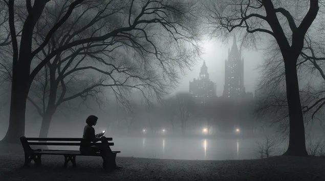 samotnosc w misty park: postac na lawce przy jeziorze reflective pobierz