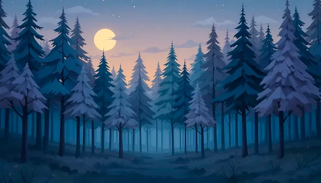 Hình nền Rừng thông sương mù lúc hoàng hôn với trăng tròn và các vì sao 4K