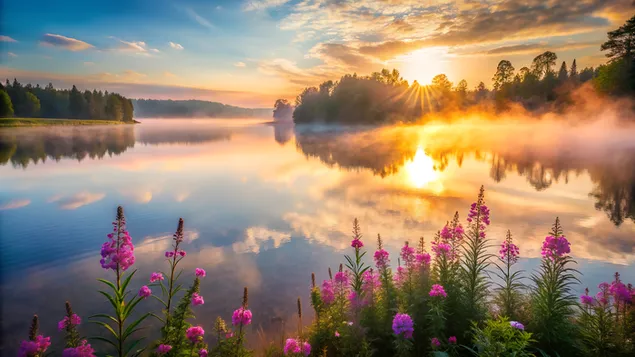 nascer do sol enevoado no lago com flor rosa flutuante e visual deslumbrante download