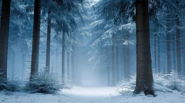 눈 덮인 소나무 사이로 이어지는 안개 낀 겨울 숲길 2K 배경화면