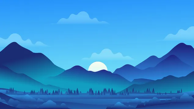 ミッドナイト ブルーの木々 と雲の形、山と空のアニメーション イラスト