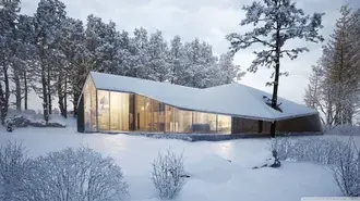 Rumah modern dengan lampu di salju di tepi hutan di musim dingin dan pohon yang tumbuh nyaman di atapnya 2K wallpaper