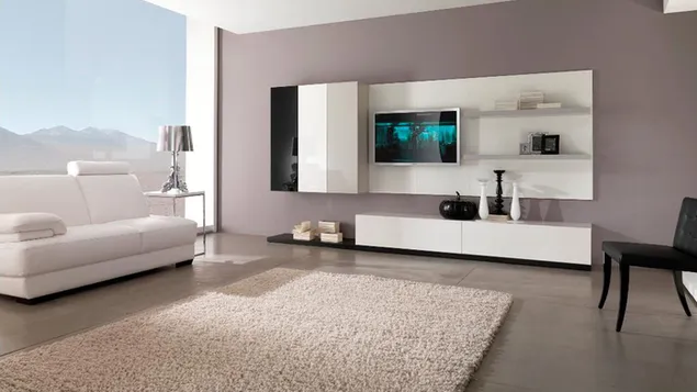 Muat turun Reka bentuk ruang tamu moden dengan unit tv putih dan sofa putih