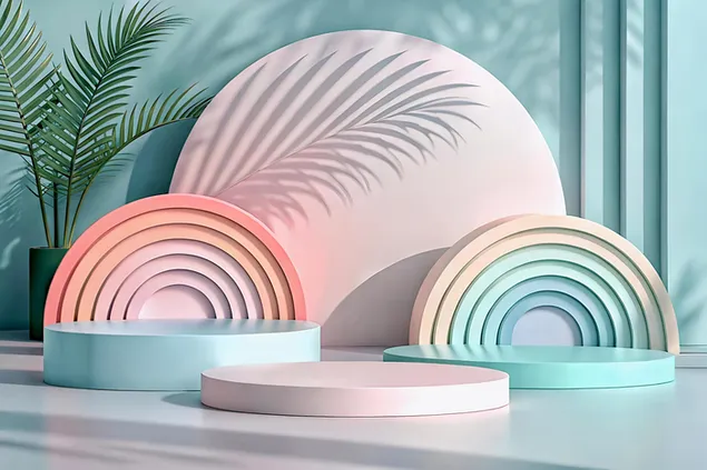 במת תצוגה מודרנית בצבע פסטל קשת בענן להצגת מוצר 4K טפט