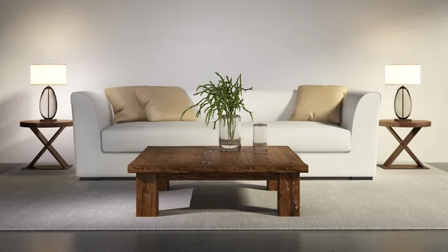 تصميم غرفة حديث مع أريكة جلدية بيضاء وطاولة قهوة خشبية بنية اللون 4K خلفية