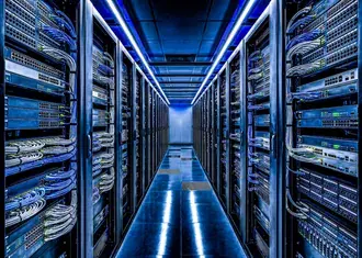 moderni pozadi ulicky serverovny s modrym stropnim osvetlenim a stojany stahnout