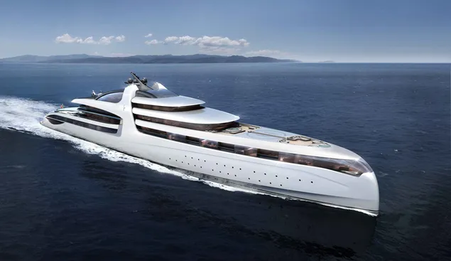  Modern superluxury white yacht speeding through the sea download