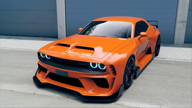 Modifizierter Dodge Challenger mit schwarzen Felgen und Orange herunterladen