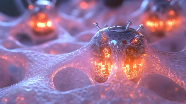 Molekulêre bots navigeer 'n gloeiende kunsmatige weefselstelsel 8K muurpapier