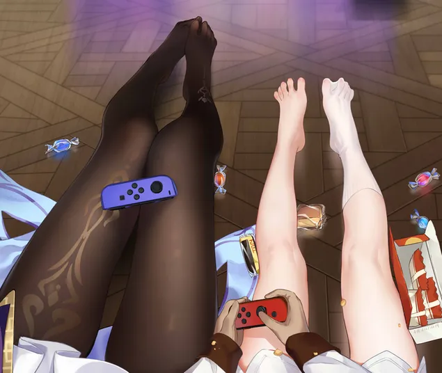Mona & Xiangling playing video games | long legs (Genshin Impact) 4K wallpaper