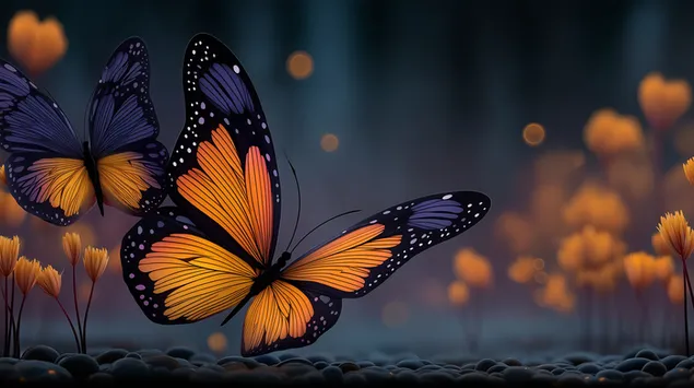 Monarch Butterflies and Radiant Flora in a Softly Lit Environment 2K wallpaper