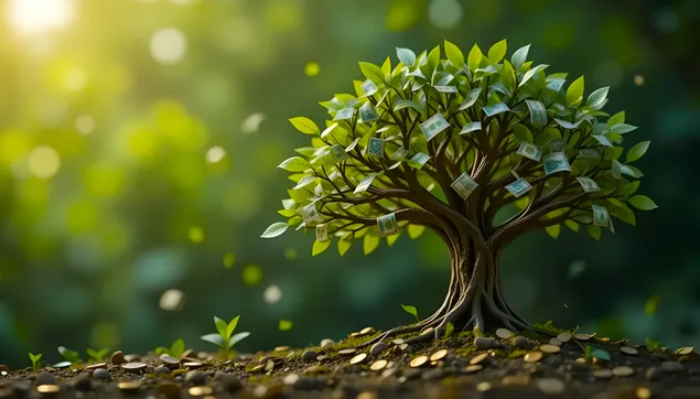 pengartrad i solljus: symbol for ekonomisk tillvaxt och rikedom ladda ner