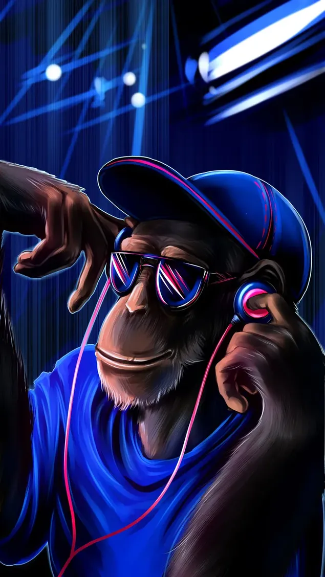 Monkey in blue shirt, red blue cap and glasses listening to music with headphones