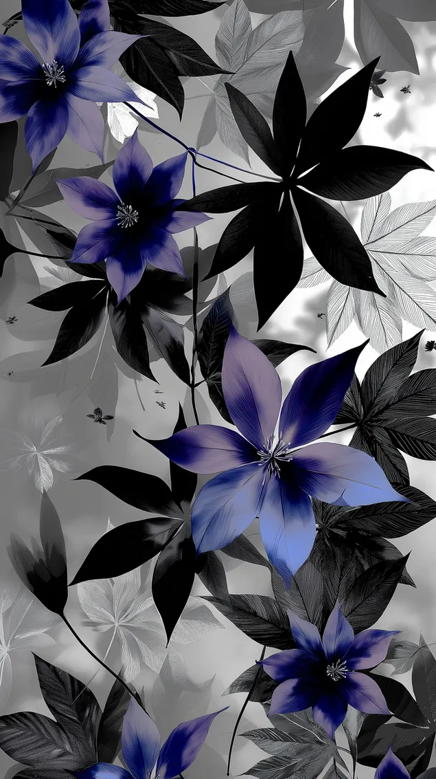 Monochromatiese blomme met abstrakte botaniese aksente HD muurpapier