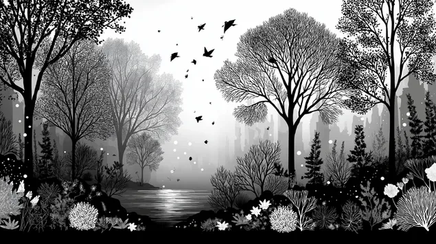 peizazh monokromatik i pyllit me mjegull me liqen dhe zogj shkarkim