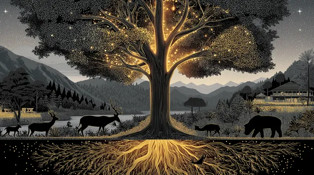 muat turun pokok kehidupan monokromatik dengan sistem akar bercahaya dan rusa