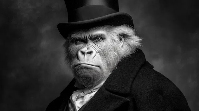 Монохроматски горила во портрет со цилиндер и палто 2K тапет