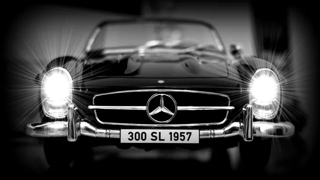 Monochroom: Mercedes 300sl heldere koplampen 4K achtergrond