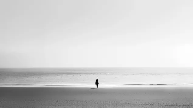 monochrome eenzaamheid: een eenzame figuur op een verlaten strand download