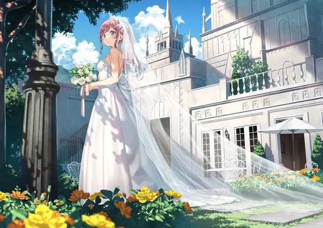Mooi anime bruidsmeisje met mooie haar trouwjurk