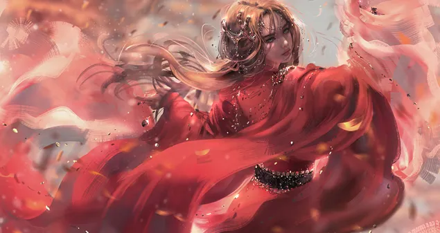Mooi animemeisje in rode jurk, bruine riem, bruin lang haar in door rood gedomineerde abstracte kleuren