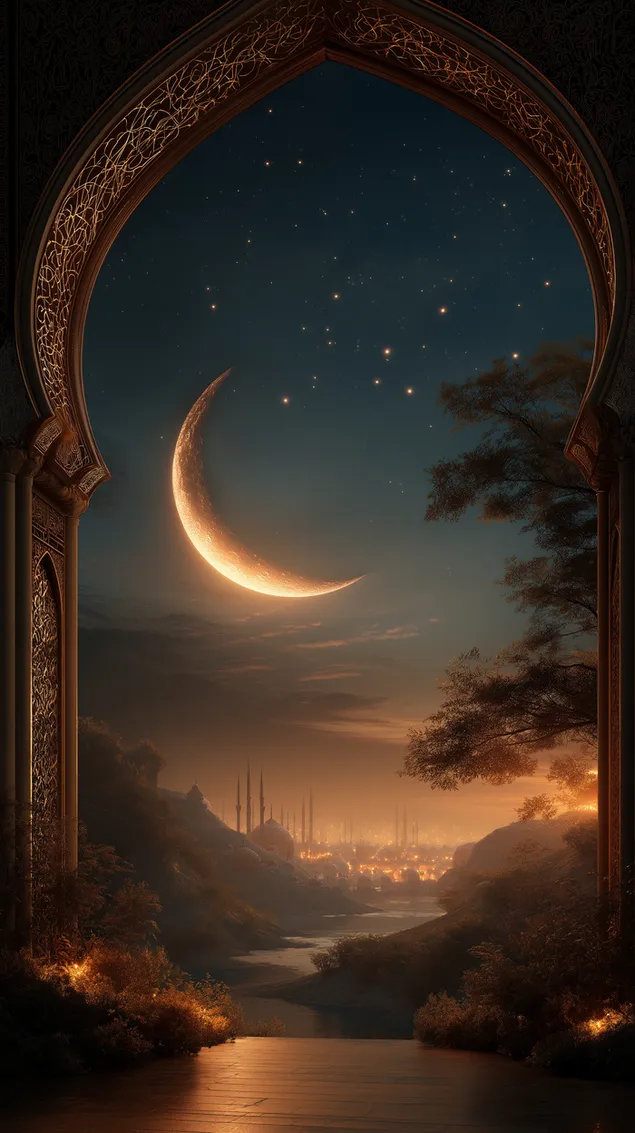 muat turun gerbang moonlit membingkai sungai dan bandar mistik