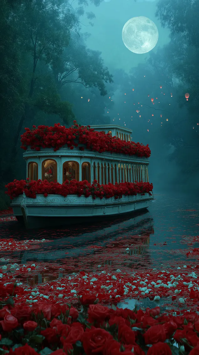 lodz z kwiatami w blasku ksiezyca na spokojnych wodach - marzycielski widok nocny pobierz