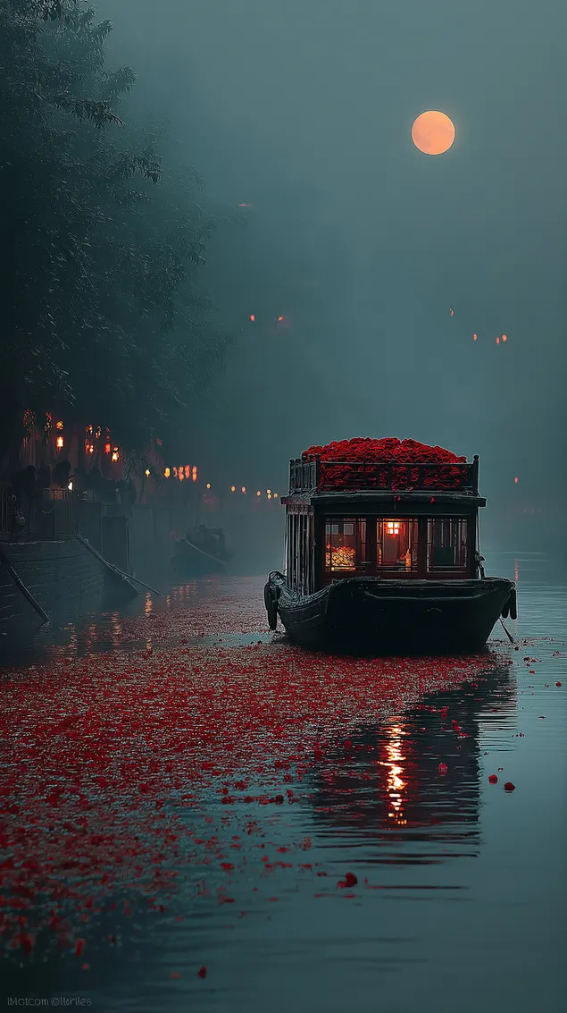 lodz z kwiatami w blasku ksiezyca na spokojnych wodach pobierz