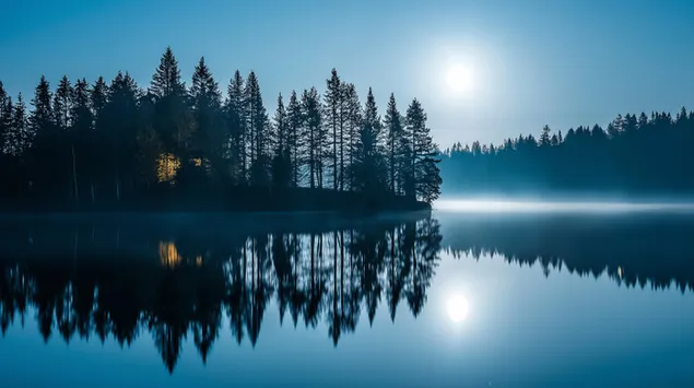 Одраз на месечева шума на магливото езеро во самрак или зора 2K тапет