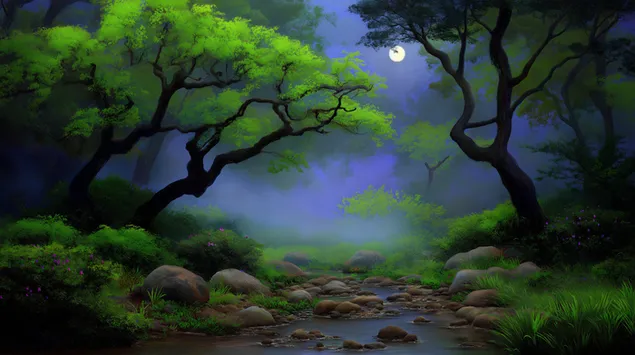 月光森林溪流：神秘的夜景 2K 壁紙