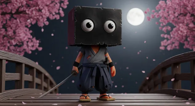 نینجای مهتابی با کاتانا و شکوفه‌های گیلاس برای پس‌زمینه دسکتاپ کاغذدیواری  4K