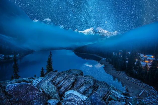 Moraine lake on starry winter night HD wallpaper