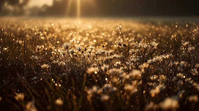 hommikune kaste kaetud rohi ja lilled, mida valgustab paikesetousu sade allalaadimine